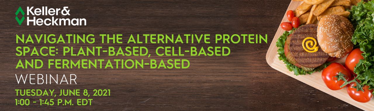 Banner displaying a cell-based meat promoting a Keller and Heckman Webinar