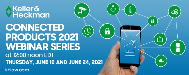 Banner displaying a cell phone with web of applications promoting a Keller and Heckman Webinar