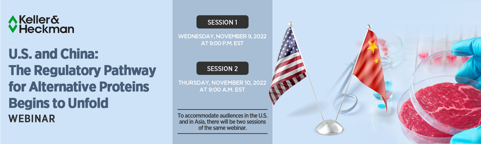 Banner advertising Keller and Heckman's webinar on alternative proteins, featuring the American and Chinese flag, and a petri dish of cell-cultured meat.