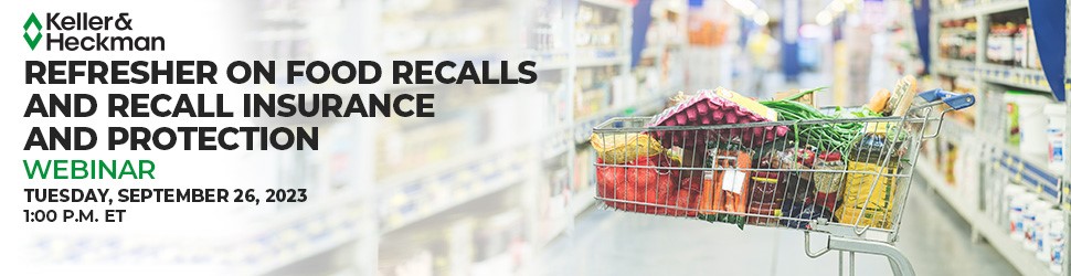 A banner advertising the upcoming webinar on food recalls, featuring a cart full of groceries in a store.