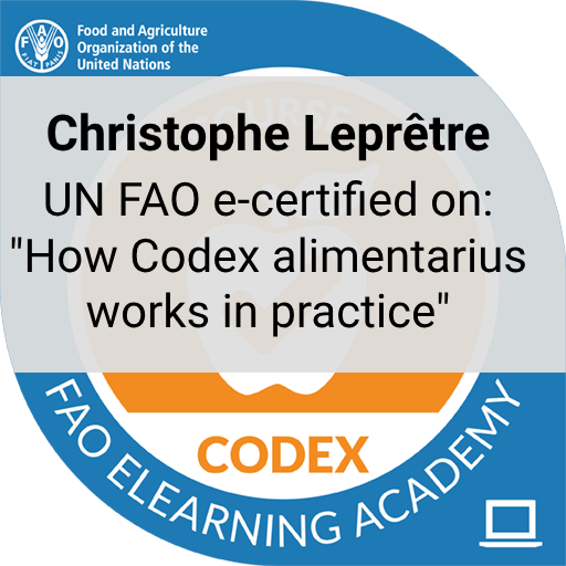 Badge displaying Christophe Lepretre's certification for how Codex alimentarius works in practice