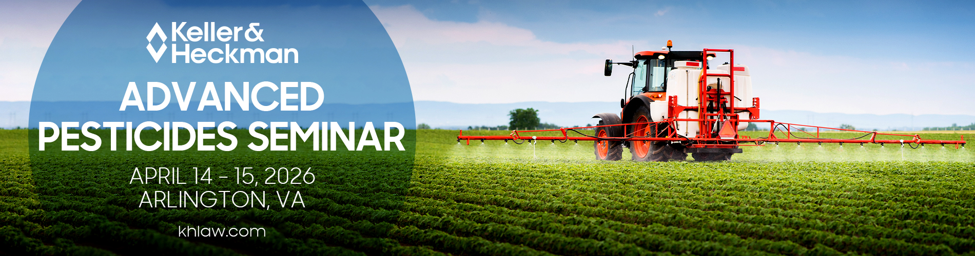 A banner advertising the 2026 Advanced Pesticides Seminar, featuring a tractor spraying pesticides on a field of crops.