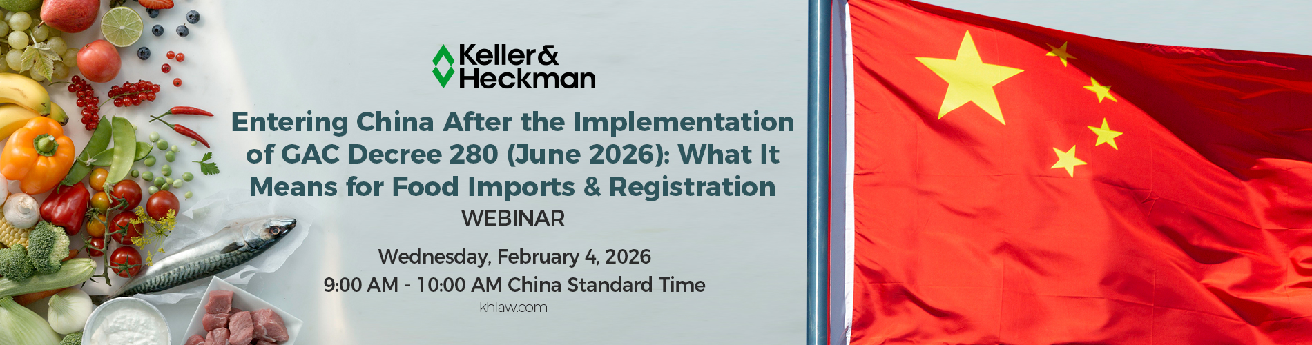 A banner advertising an upcoming webinar on importing food into China, featuring the Chinese flag and various foods.