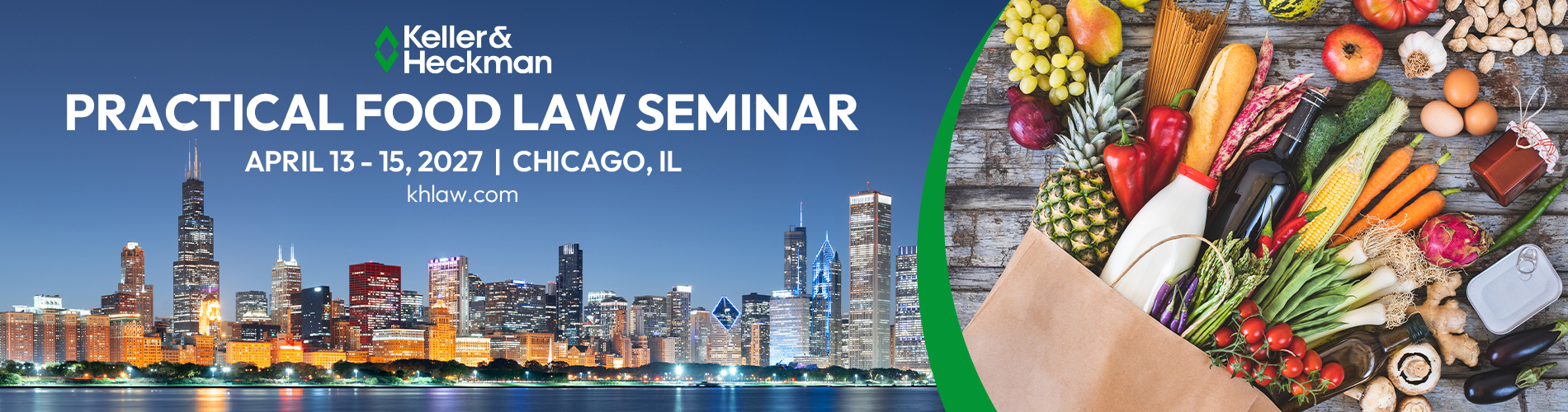 A banner advertising the 2027 Practical Food Law Seminar, featuring a spilled bag of groceries and the Chicago skyline.