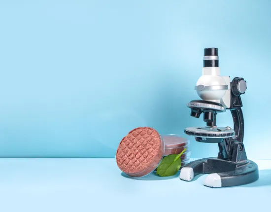Lab grown meat and microscope