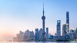 Image of the skyline of Shanghai, China, in front of a sunrise
