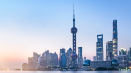 Image of the skyline of Shanghai, China, in front of a sunrise